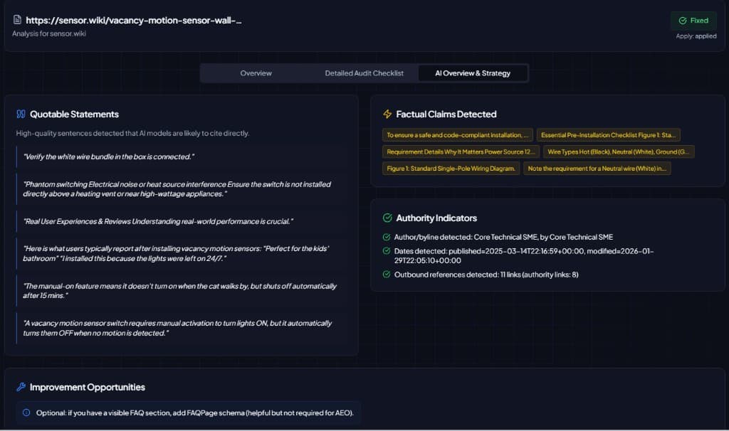Table showing actionable AEO fixes like direct answers and list formats