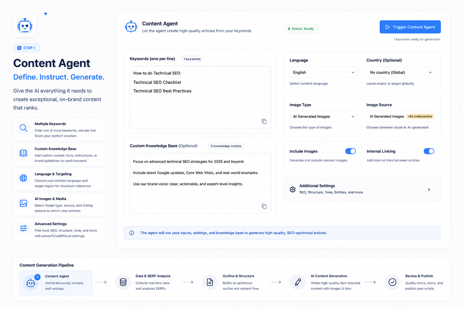 Content Agent interface for defining keywords, knowledge base, language targeting, and generation settings