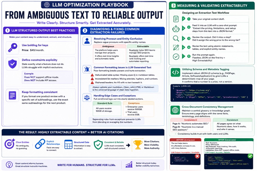 LLM optimization playbook infographic generated by Nuwtonic Image 2.0