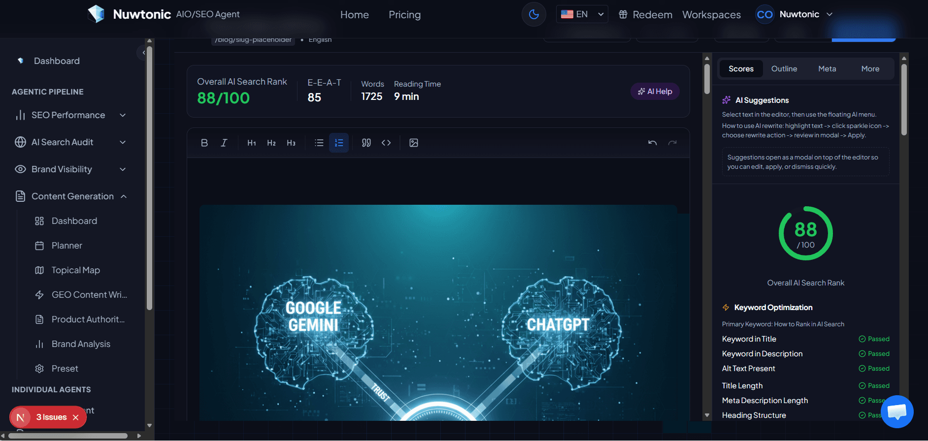 Content editor with AI search rank score and meta checklist panel
