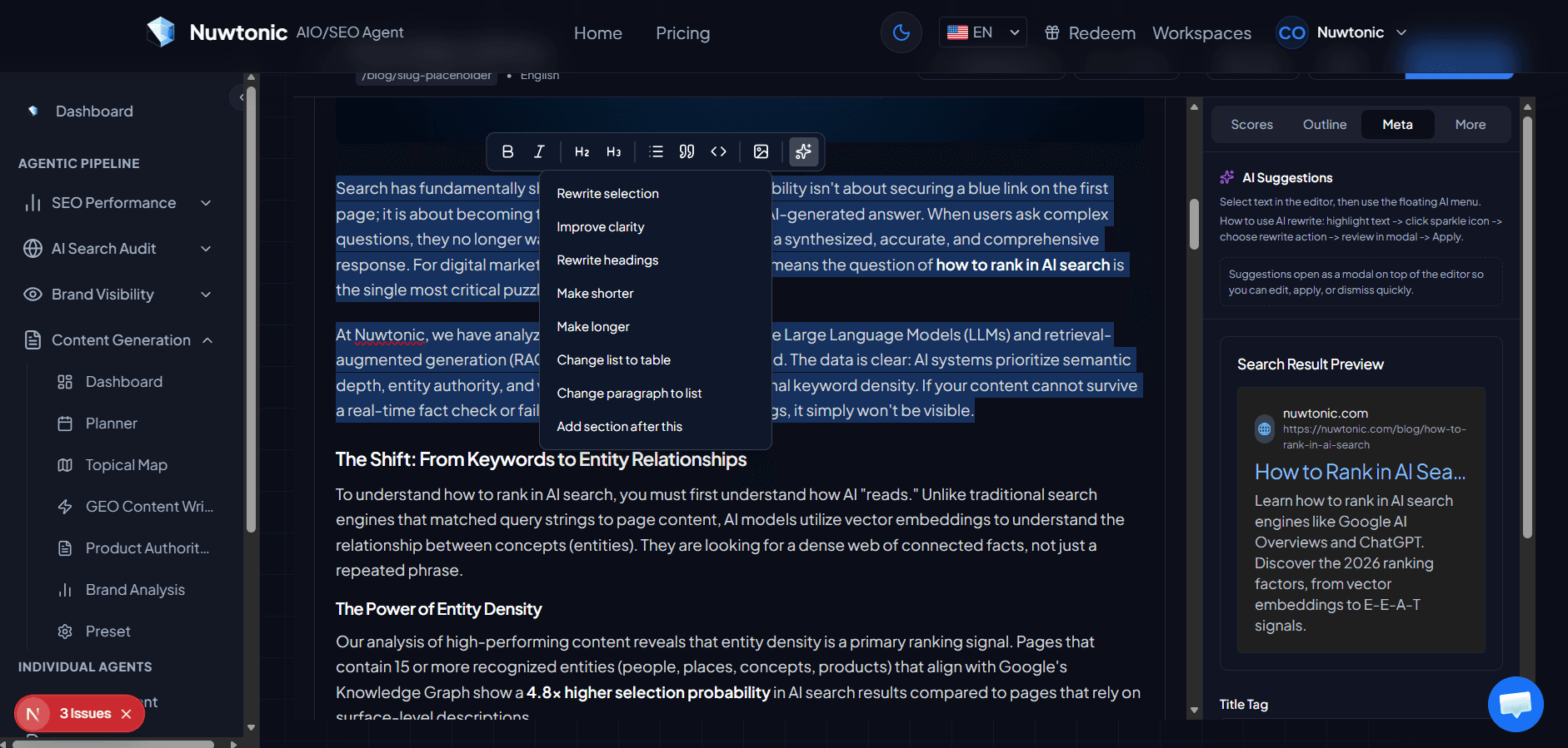 Content editor with AI rewrite command menu opened