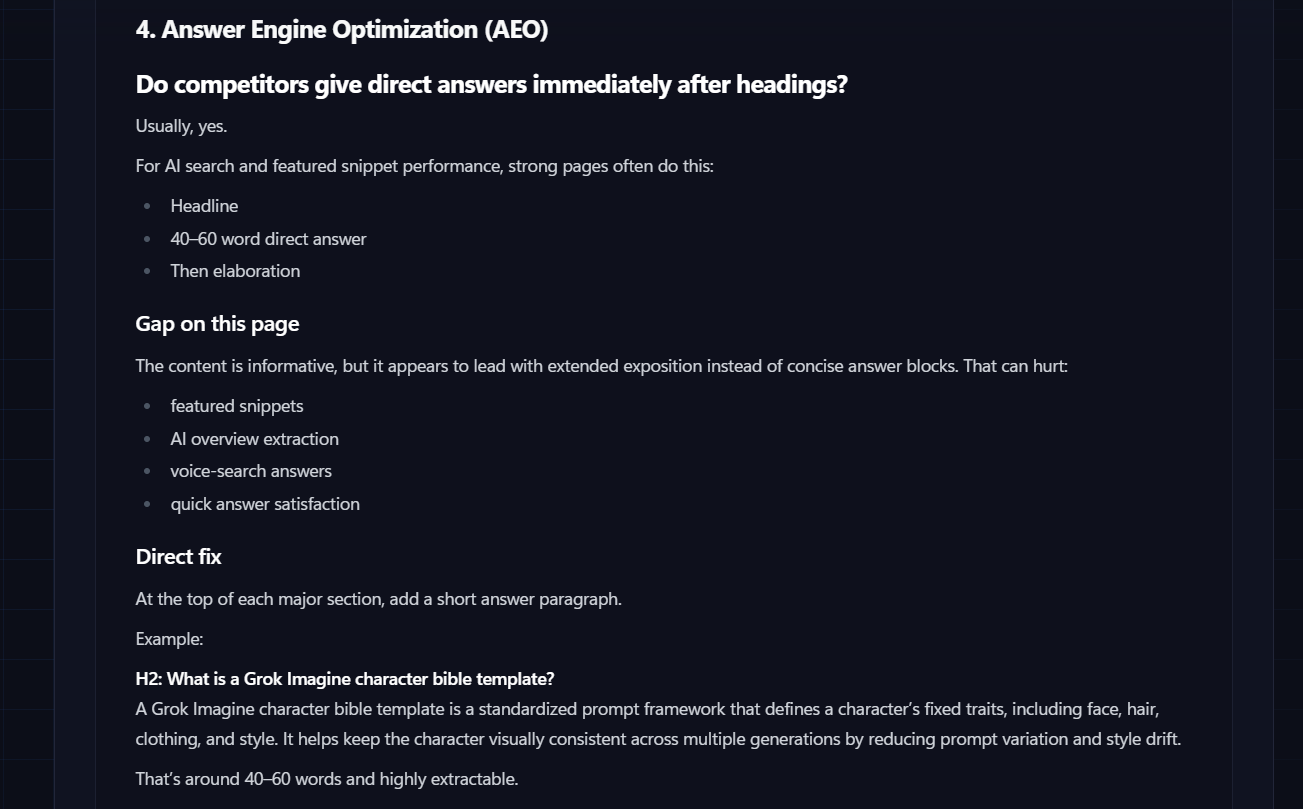 Answer Engine Optimization audit with direct-fix snippet paragraphs under headings