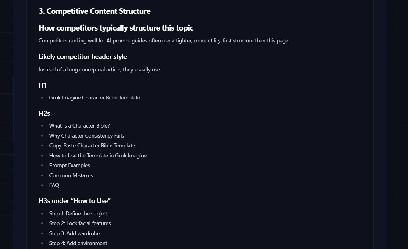 Competitive Content Structure mapping competitor header hierarchy against your page