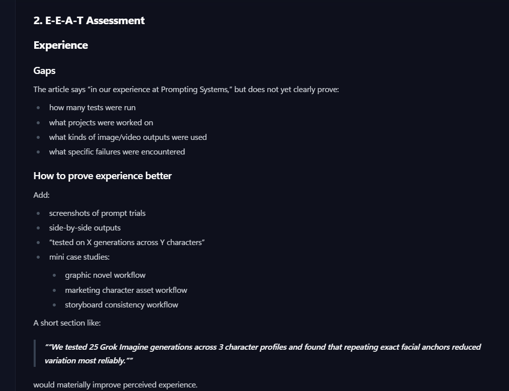 E-E-A-T Assessment showing Experience gaps and how to prove first-hand testing
