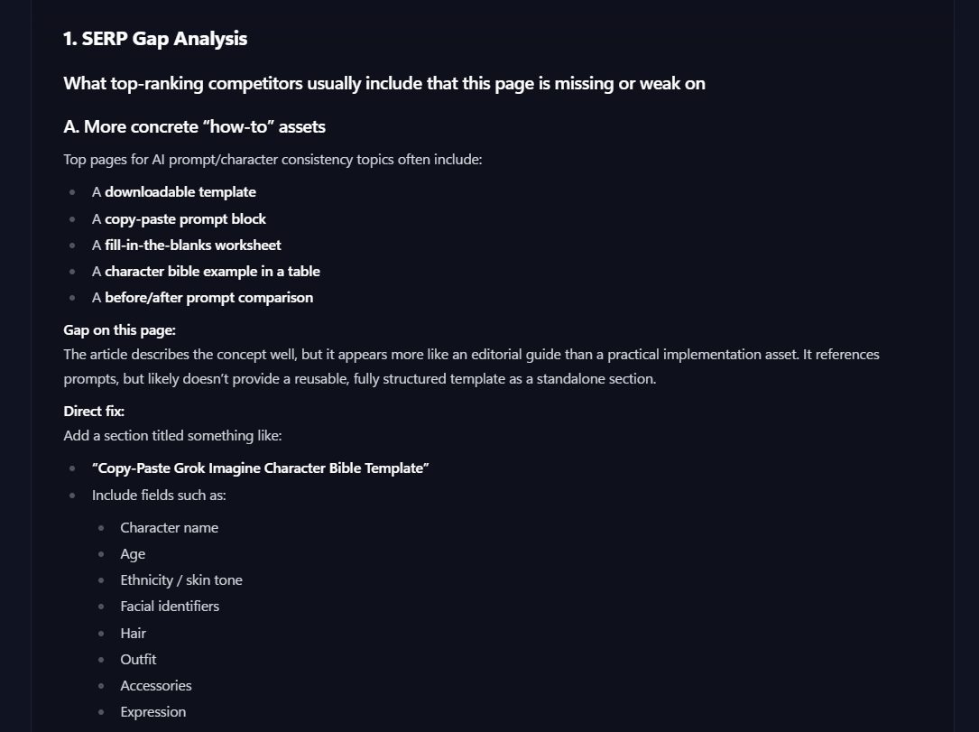 SERP Gap Analysis identifying missing how-to assets and direct fix recommendations