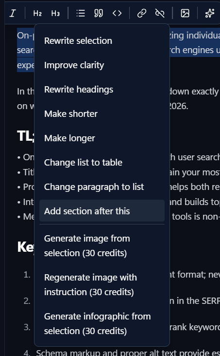 Content generation preset panel: language, voice, audience, creativity, reading level, perspective, and article scale before rewriting