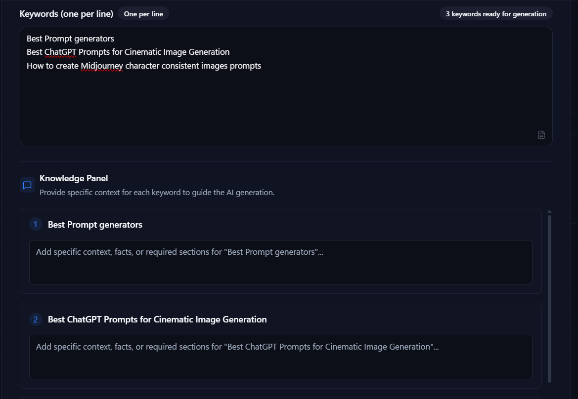 Bulk keywords workspace: one keyword per line with a knowledge panel to add context for each line before generation