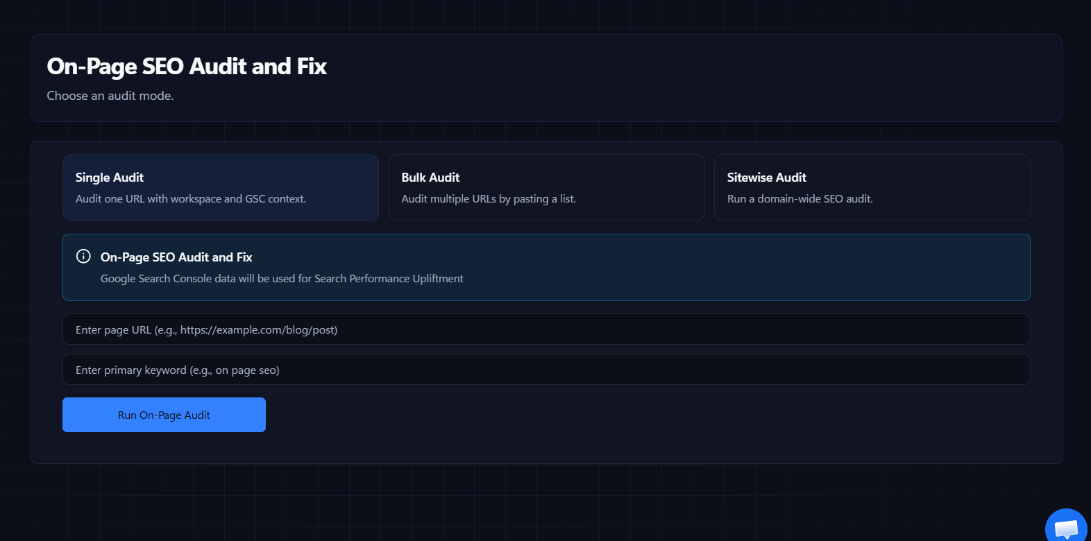 Complete ON page SEO audit screen with optimization controls