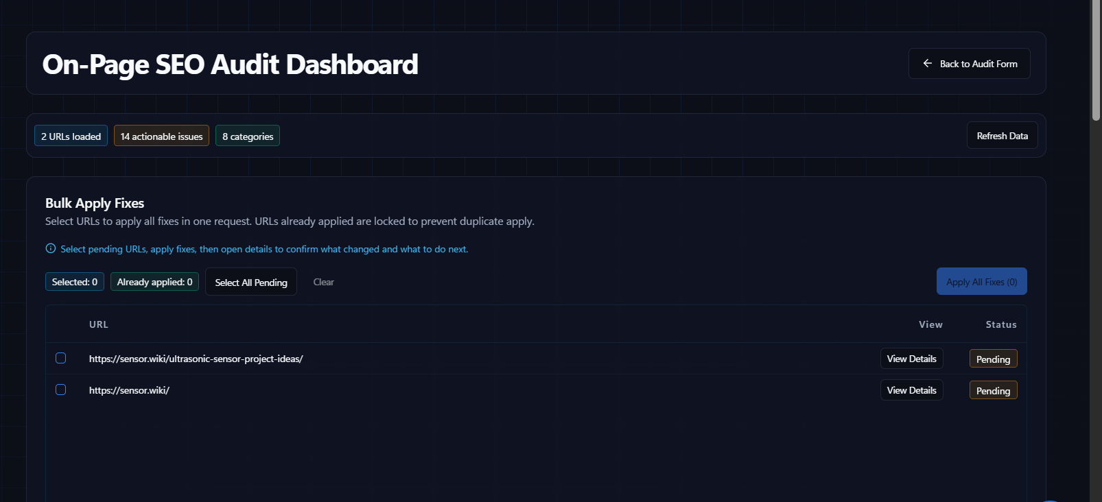 ON Page SEO audit dashboard before optimization