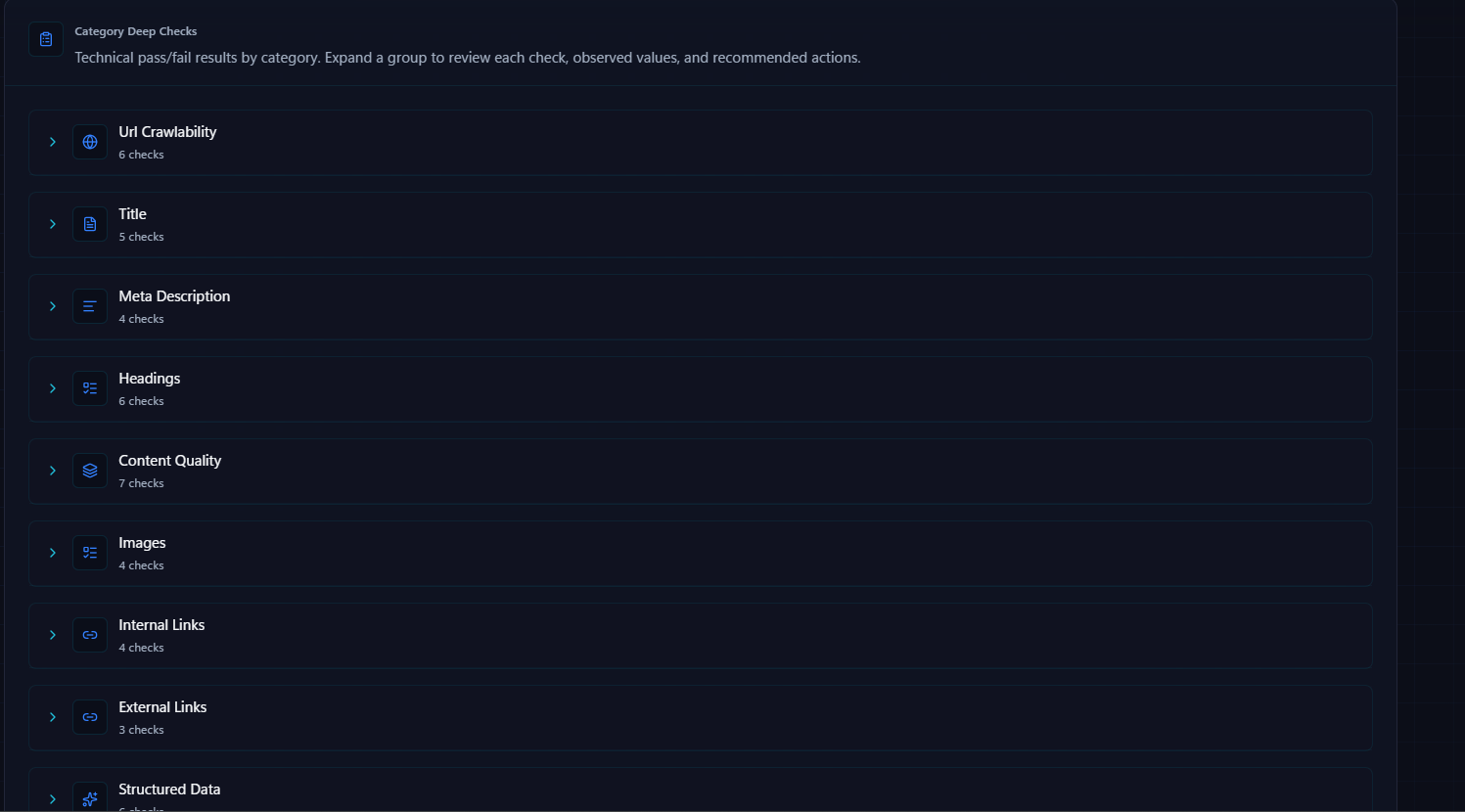 Category deep checks with clear recommendation paths for each on-page issue