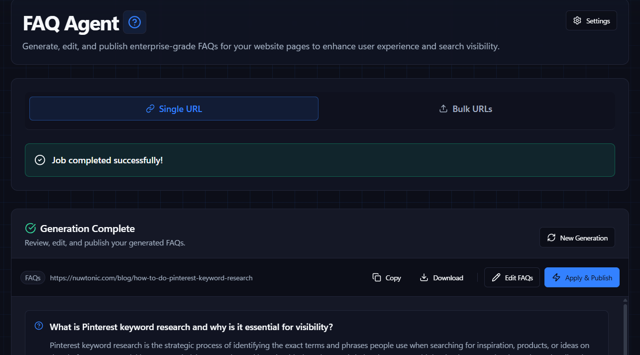 FAQ agent panel showing grounded question-answer generation from article text
