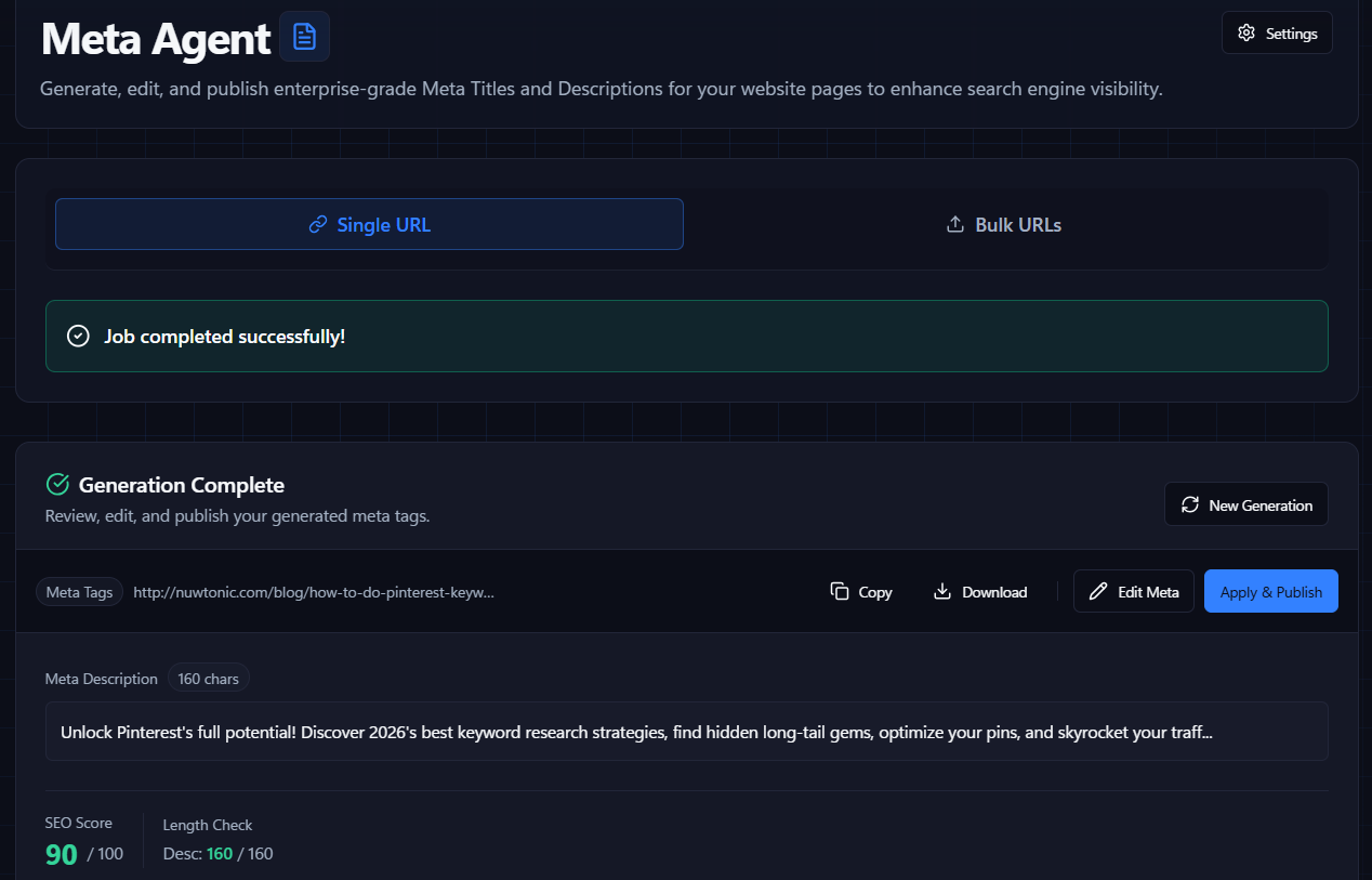 Meta agent screen showing dynamic meta description optimization